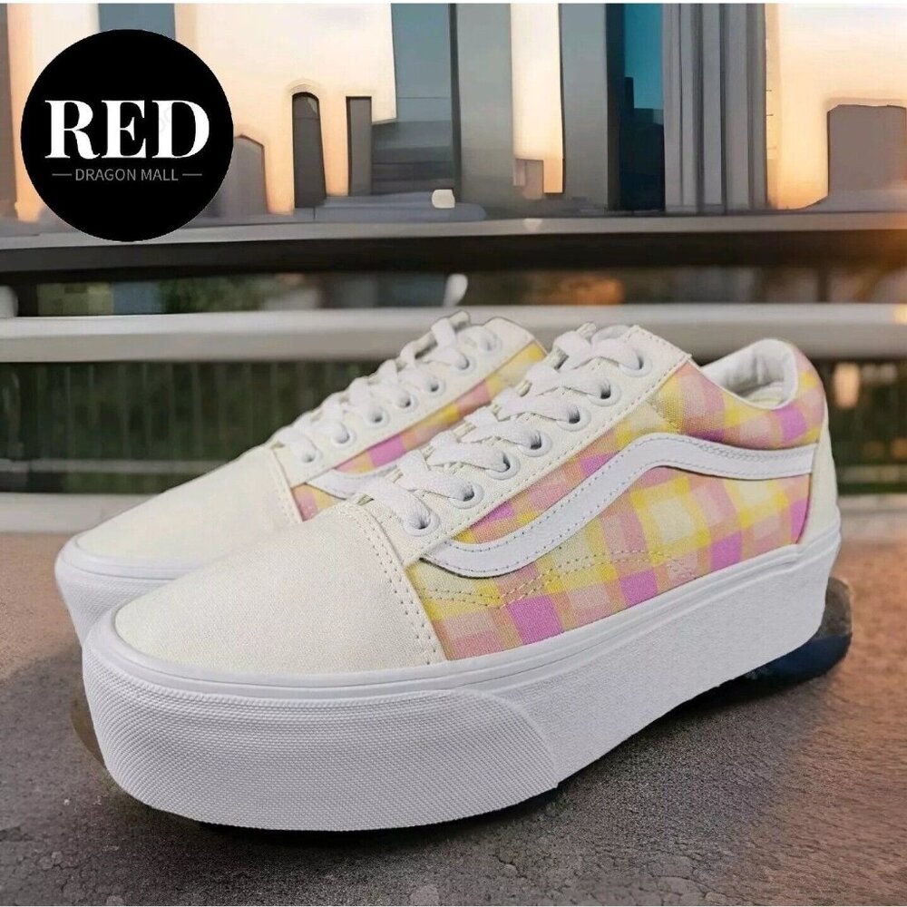 Vans Old Skool Stackform Platform Shoe Sneaker Pastel Pink Plaid - Women's Sz 9